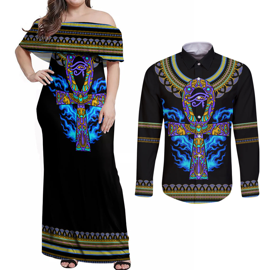 Egyptian Ankh Golden Blue Fire Couples Matching Off Shoulder Maxi Dress and Long Sleeve Button Shirts - Wonder Print Shop
