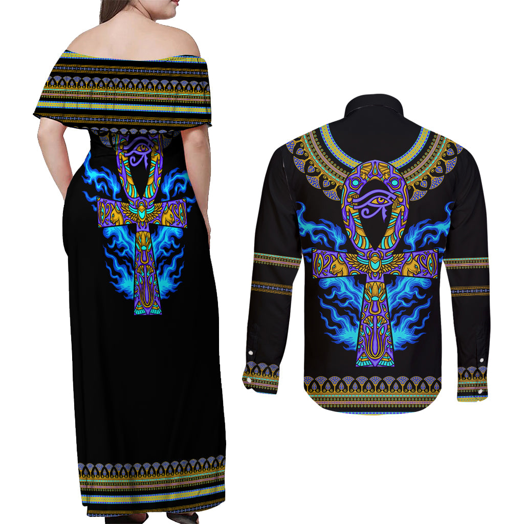 Egyptian Ankh Golden Blue Fire Couples Matching Off Shoulder Maxi Dress and Long Sleeve Button Shirts - Wonder Print Shop