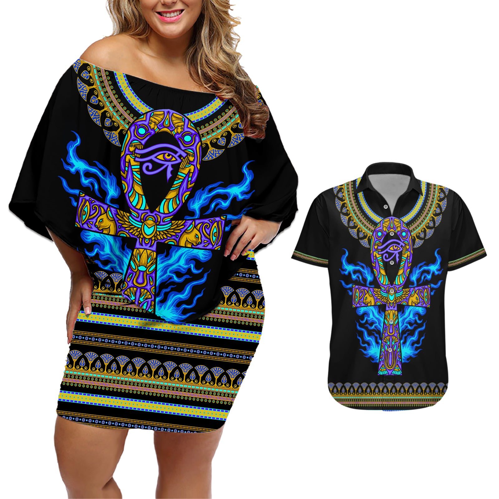 egyptian-ankh-golden-blue-fire-couples-matching-off-shoulder-short-dress-and-hawaiian-shirt