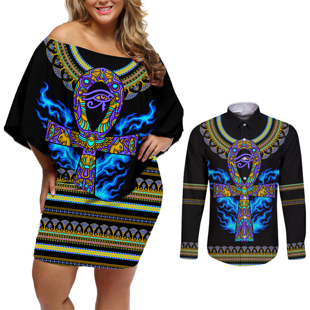 egyptian-ankh-golden-blue-fire-couples-matching-off-shoulder-short-dress-and-long-sleeve-button-shirts