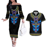 Egyptian Ankh Golden Blue Fire Couples Matching Off The Shoulder Long Sleeve Dress and Hawaiian Shirt - Wonder Print Shop