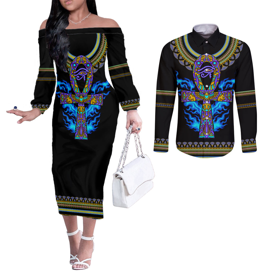egyptian-ankh-golden-blue-fire-couples-matching-off-the-shoulder-long-sleeve-dress-and-long-sleeve-button-shirts