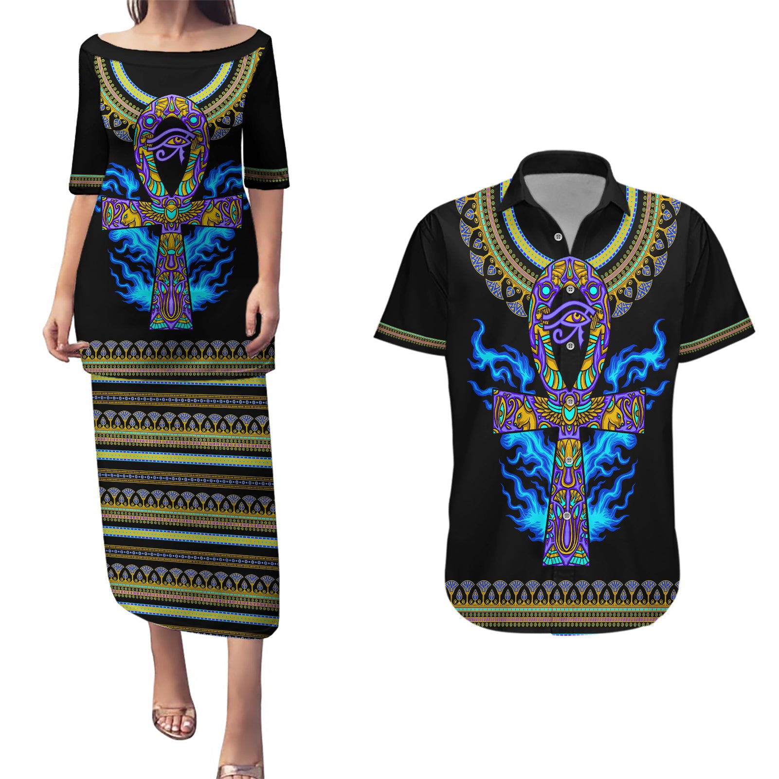 egyptian-ankh-golden-blue-fire-couples-matching-puletasi-dress-and-hawaiian-shirt