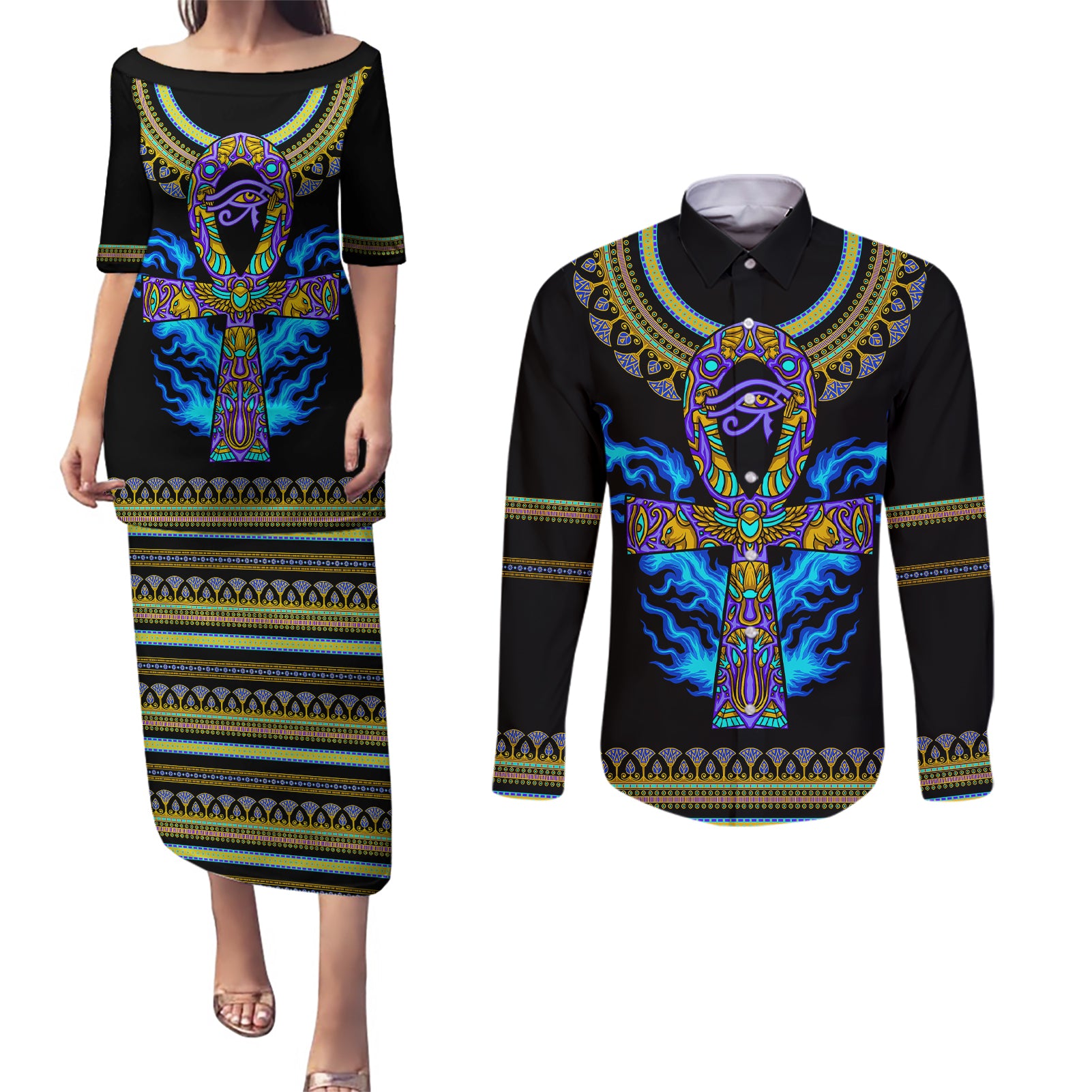 egyptian-ankh-golden-blue-fire-couples-matching-puletasi-dress-and-long-sleeve-button-shirts