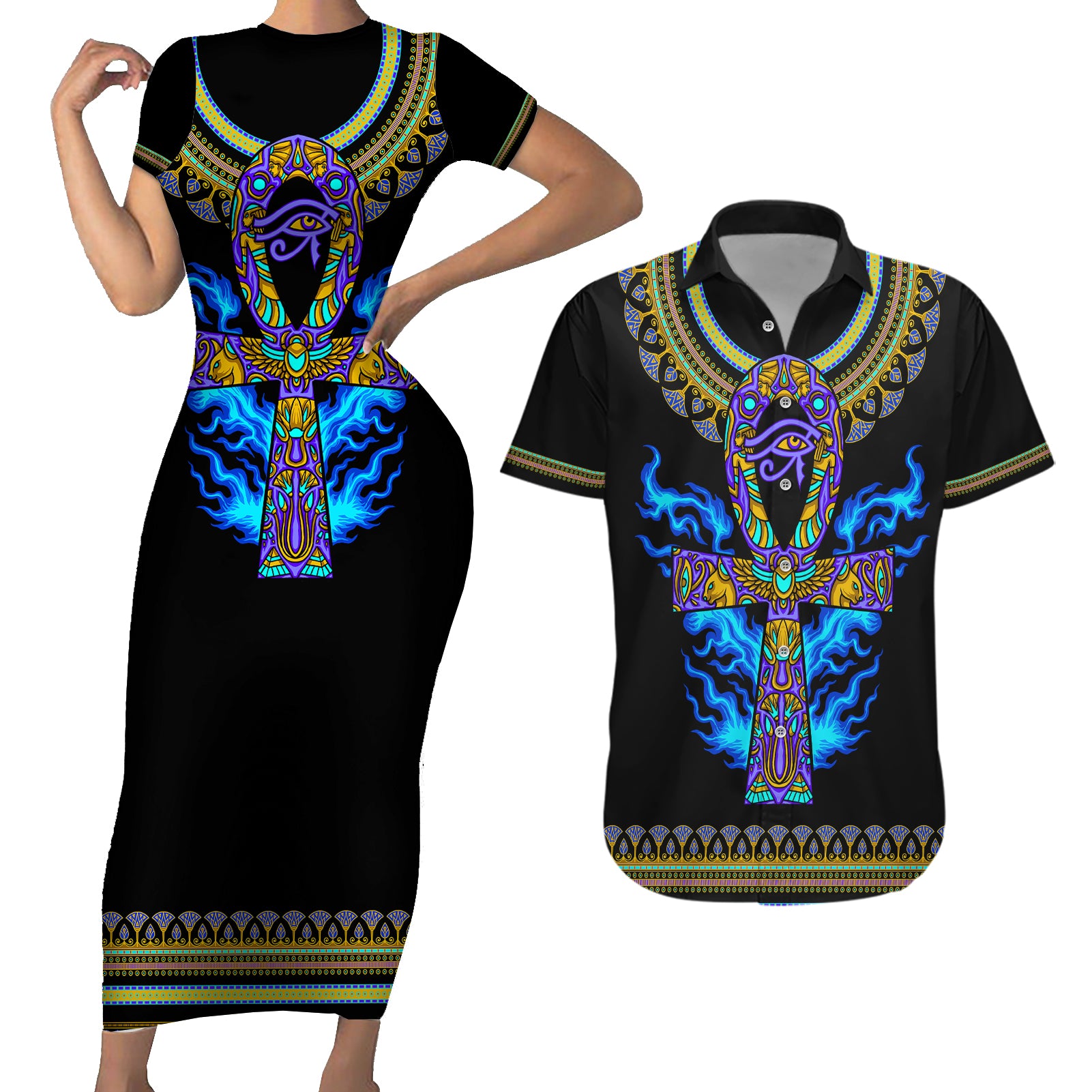 egyptian-ankh-golden-blue-fire-couples-matching-short-sleeve-bodycon-dress-and-hawaiian-shirt