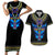 Egyptian Ankh Golden Blue Fire Couples Matching Short Sleeve Bodycon Dress and Hawaiian Shirt - Wonder Print Shop