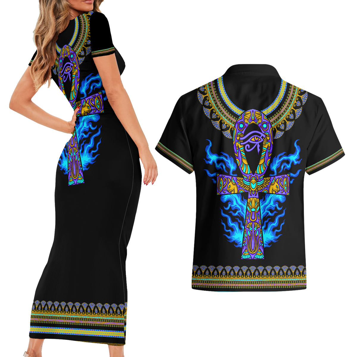 Egyptian Ankh Golden Blue Fire Couples Matching Short Sleeve Bodycon Dress and Hawaiian Shirt - Wonder Print Shop