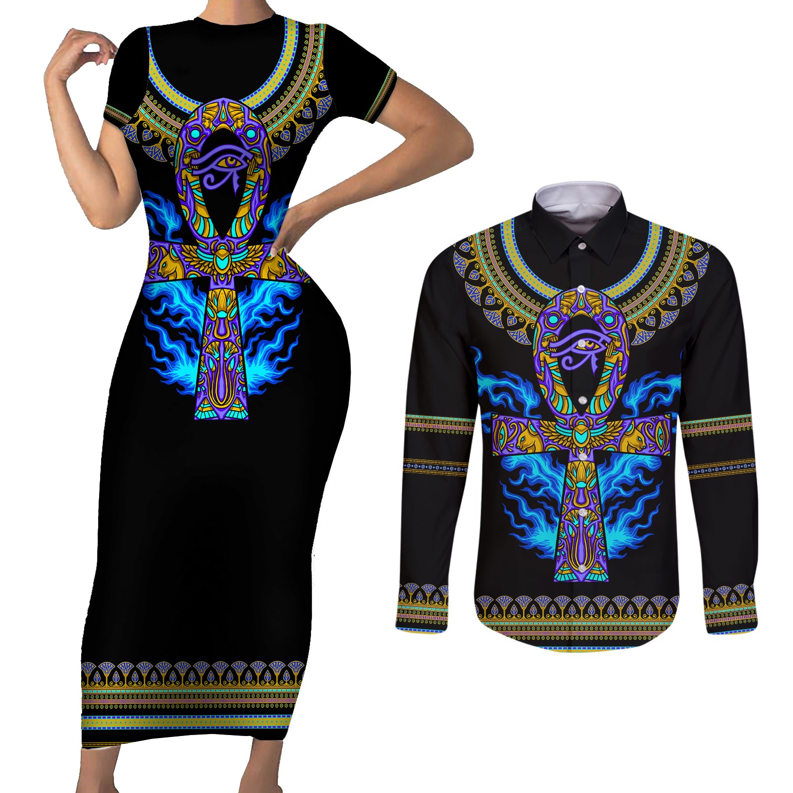 egyptian-ankh-golden-blue-fire-couples-matching-short-sleeve-bodycon-dress-and-long-sleeve-button-shirts