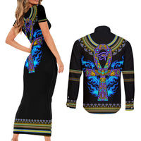 Egyptian Ankh Golden Blue Fire Couples Matching Short Sleeve Bodycon Dress and Long Sleeve Button Shirts - Wonder Print Shop