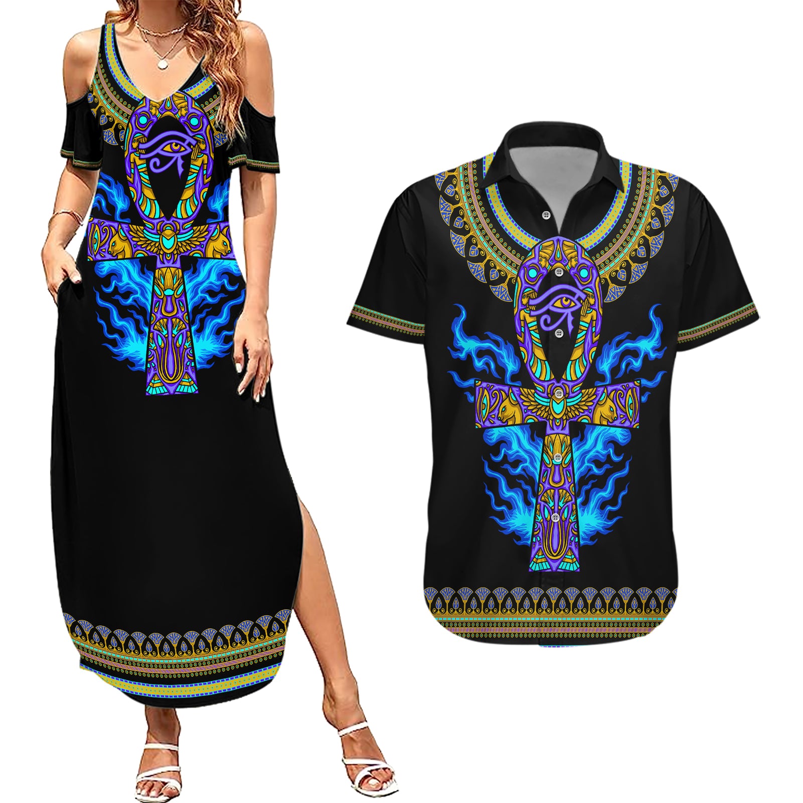 egyptian-ankh-golden-blue-fire-couples-matching-summer-maxi-dress-and-hawaiian-shirt