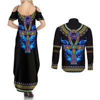 Egyptian Ankh Golden Blue Fire Couples Matching Summer Maxi Dress and Long Sleeve Button Shirts - Wonder Print Shop
