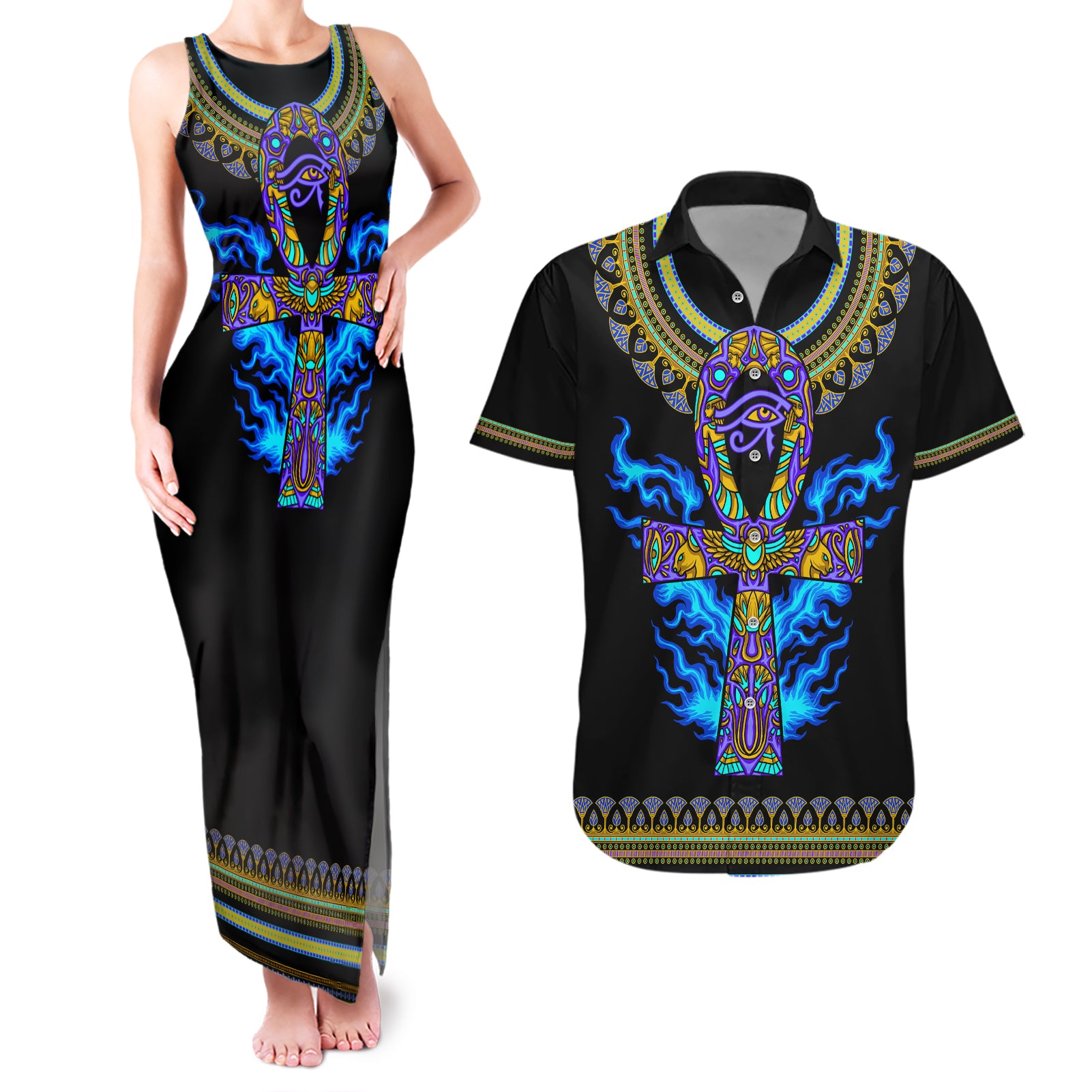 egyptian-ankh-golden-blue-fire-couples-matching-tank-maxi-dress-and-hawaiian-shirt