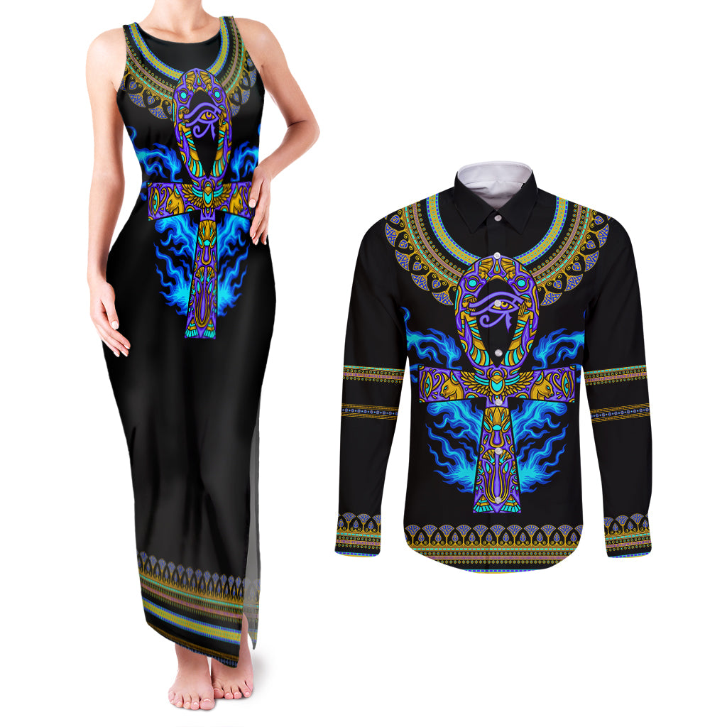 egyptian-ankh-golden-blue-fire-couples-matching-tank-maxi-dress-and-long-sleeve-button-shirts