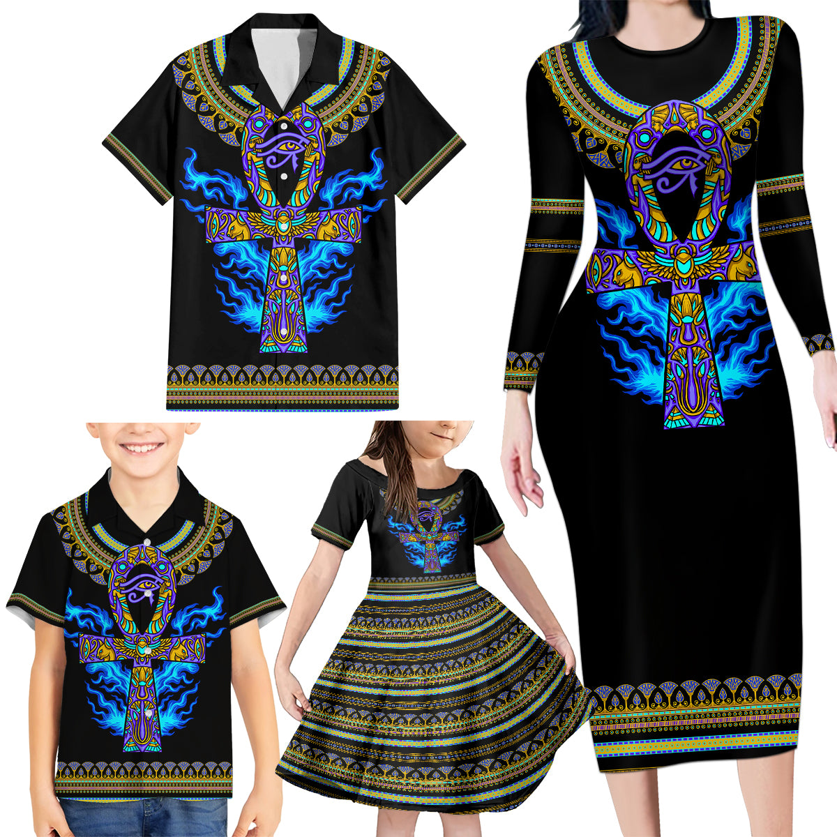 egyptian-ankh-golden-blue-fire-family-matching-long-sleeve-bodycon-dress-and-hawaiian-shirt