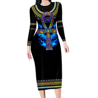 Egyptian Ankh Golden Blue Fire Family Matching Long Sleeve Bodycon Dress and Hawaiian Shirt - Wonder Print Shop
