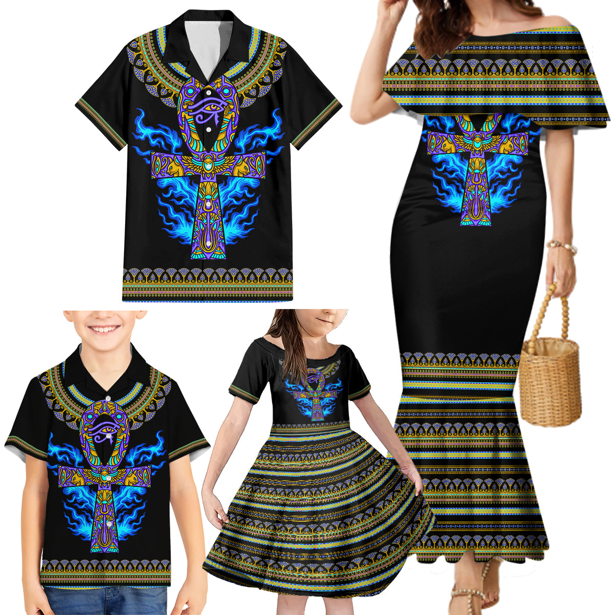 egyptian-ankh-golden-blue-fire-family-matching-mermaid-dress-and-hawaiian-shirt