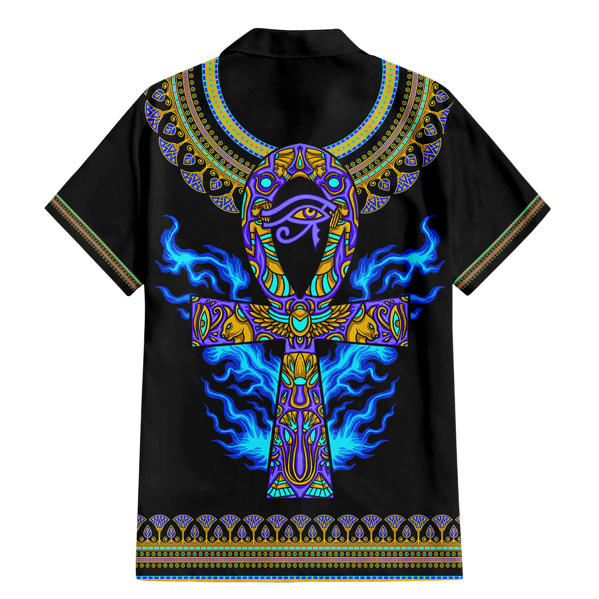 Egyptian Ankh Golden Blue Fire Family Matching Mermaid Dress and Hawaiian Shirt - Wonder Print Shop