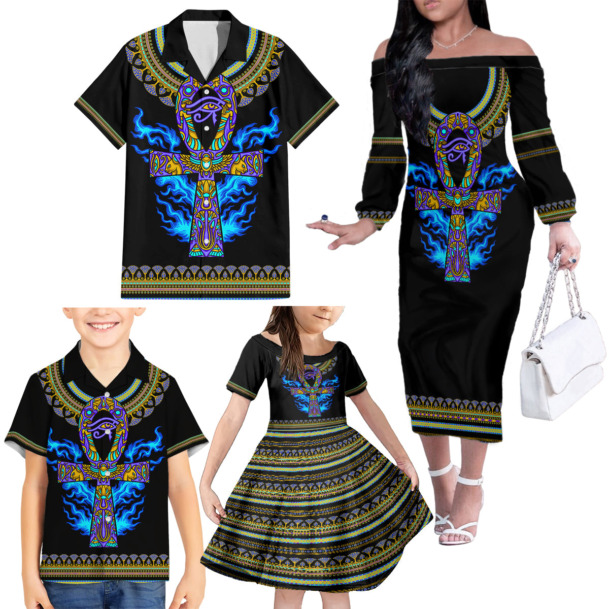 egyptian-ankh-golden-blue-fire-family-matching-off-shoulder-long-sleeve-dress-and-hawaiian-shirt