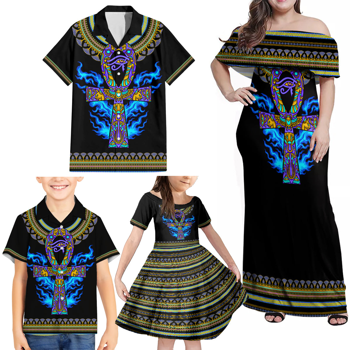 egyptian-ankh-golden-blue-fire-family-matching-off-shoulder-maxi-dress-and-hawaiian-shirt
