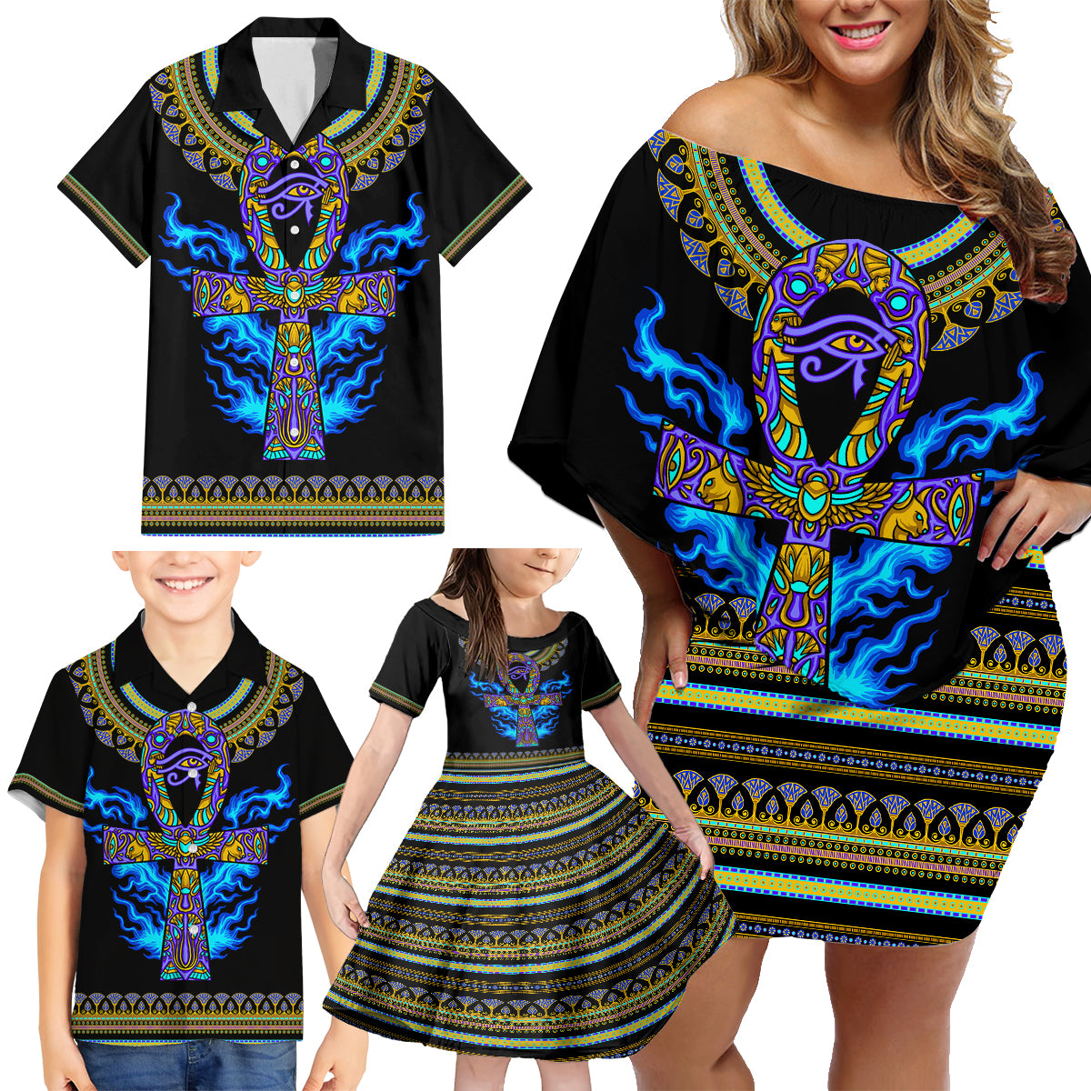 egyptian-ankh-golden-blue-fire-family-matching-off-shoulder-short-dress-and-hawaiian-shirt