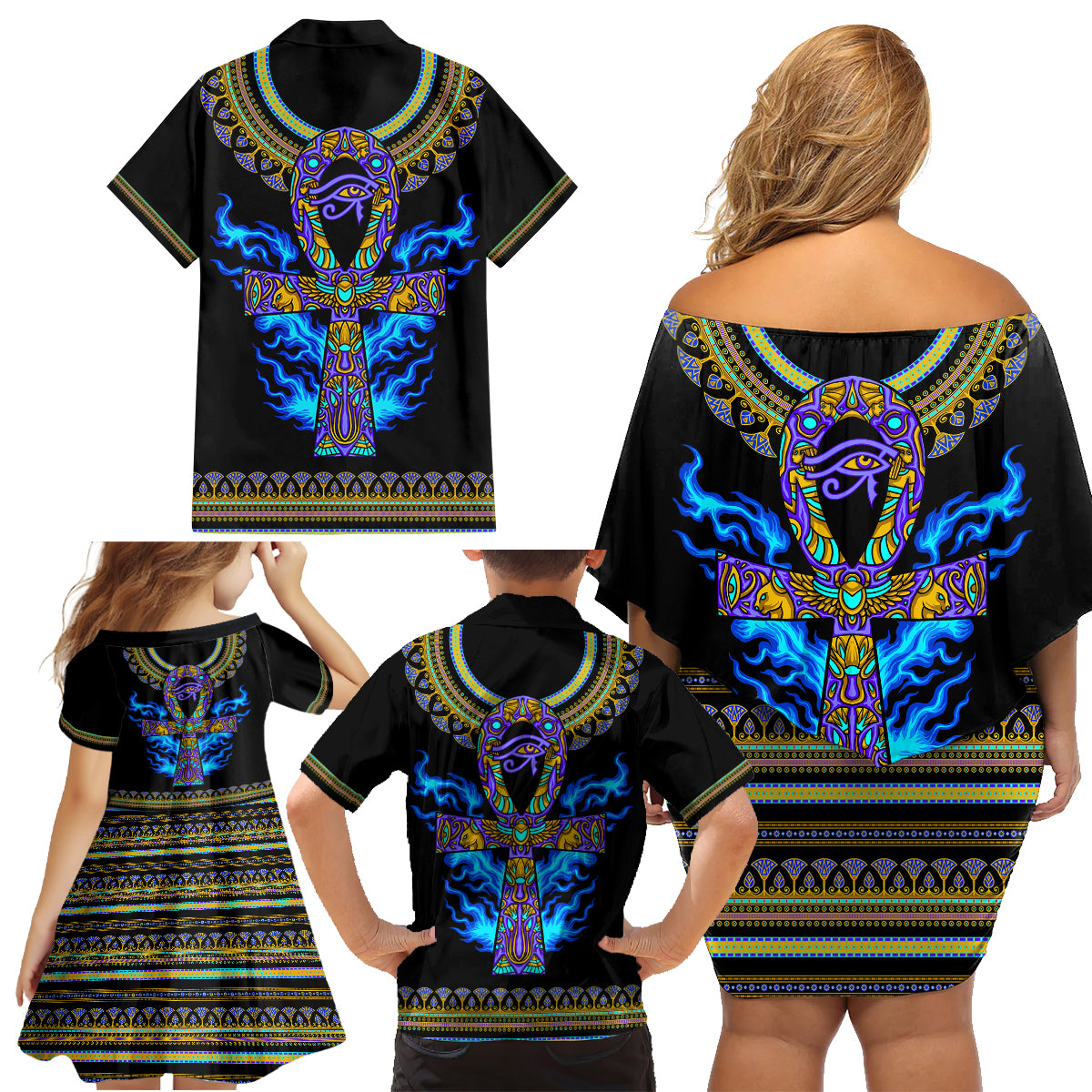 Egyptian Ankh Golden Blue Fire Family Matching Off Shoulder Short Dress and Hawaiian Shirt - Wonder Print Shop