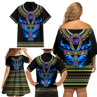 Egyptian Ankh Golden Blue Fire Family Matching Off Shoulder Short Dress and Hawaiian Shirt - Wonder Print Shop
