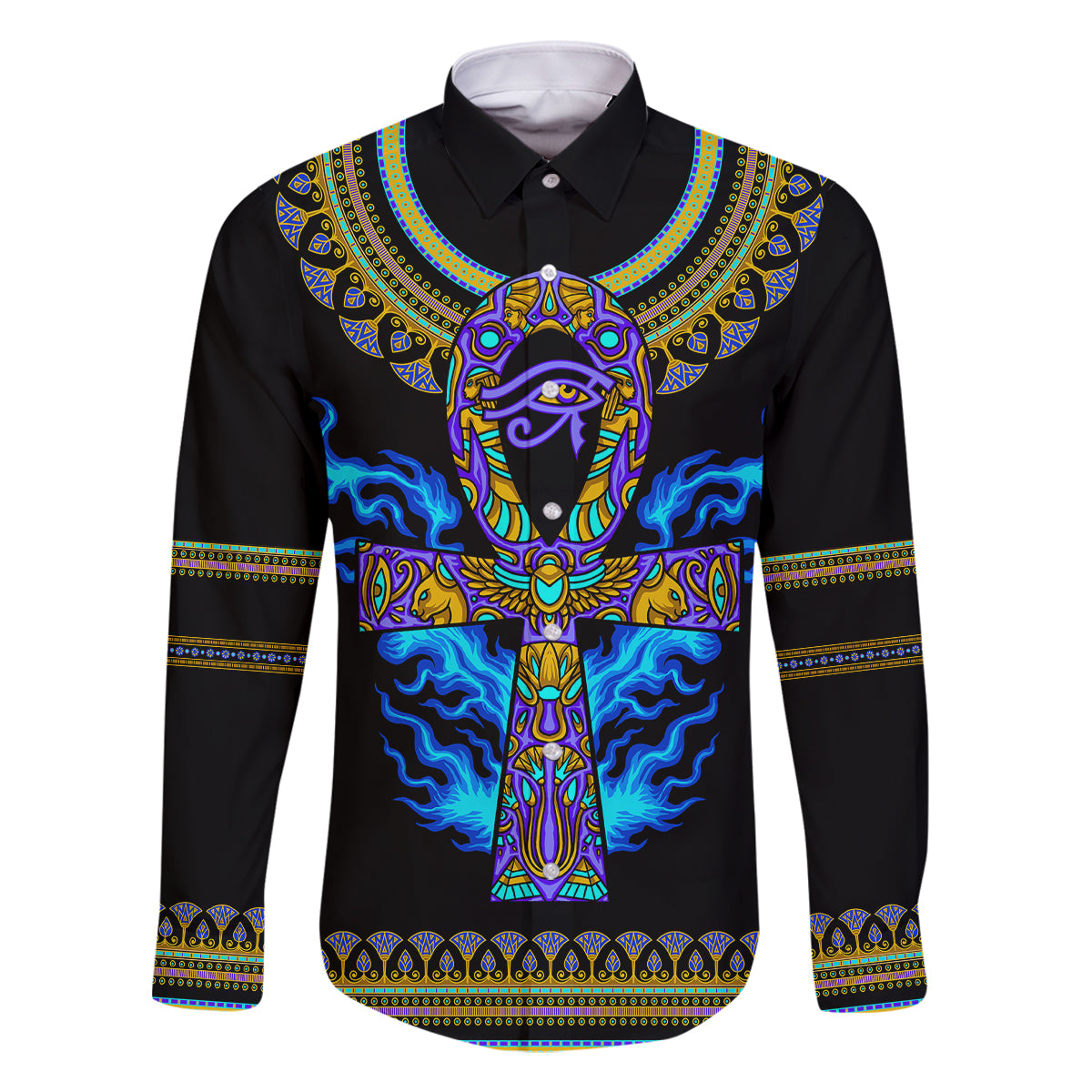 Egyptian Ankh Golden Blue Fire Family Matching Off Shoulder Short Dress and Hawaiian Shirt - Wonder Print Shop