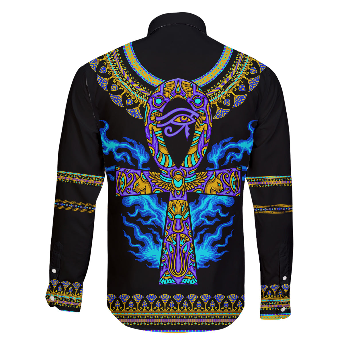 Egyptian Ankh Golden Blue Fire Family Matching Off Shoulder Short Dress and Hawaiian Shirt - Wonder Print Shop