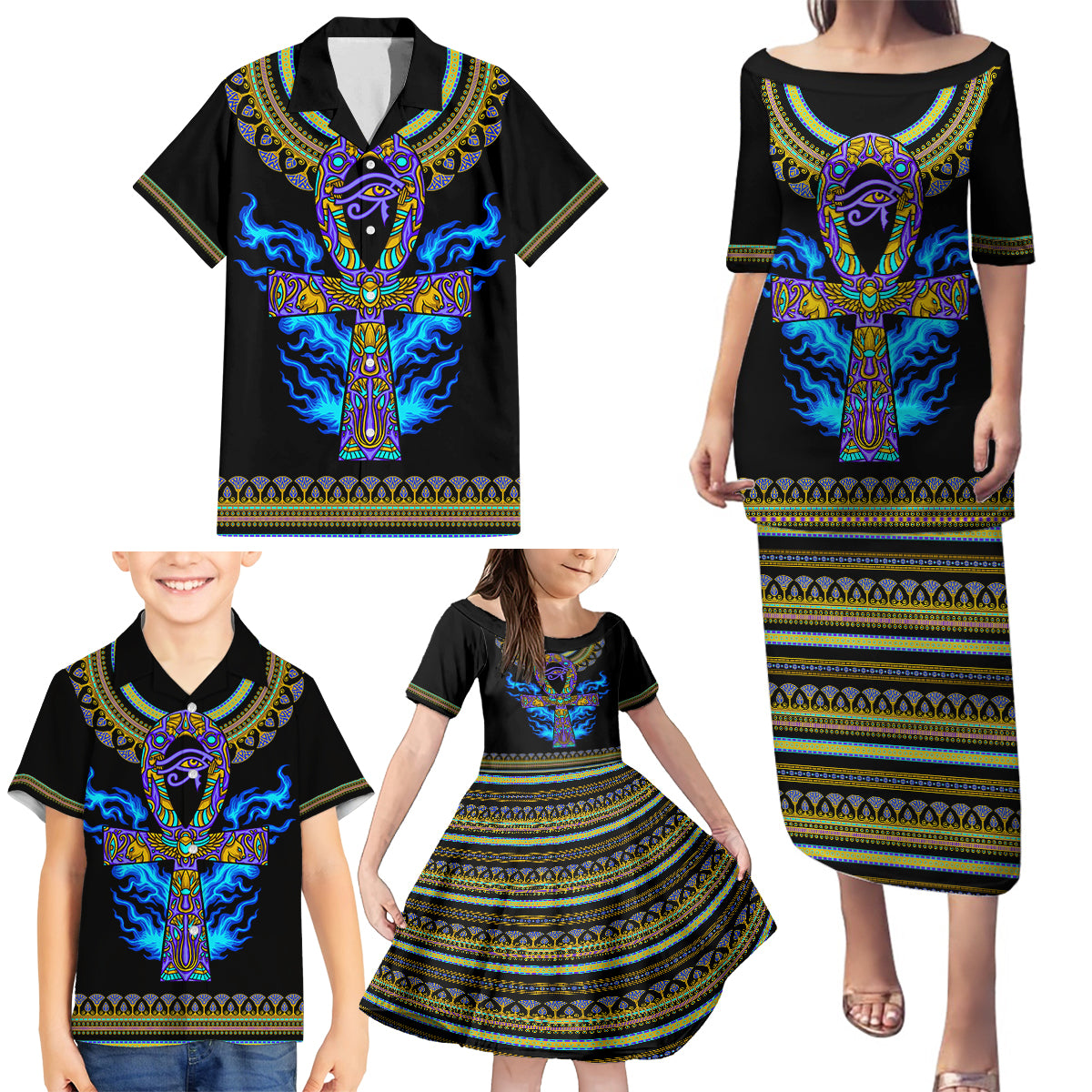 egyptian-ankh-golden-blue-fire-family-matching-puletasi-dress-and-hawaiian-shirt