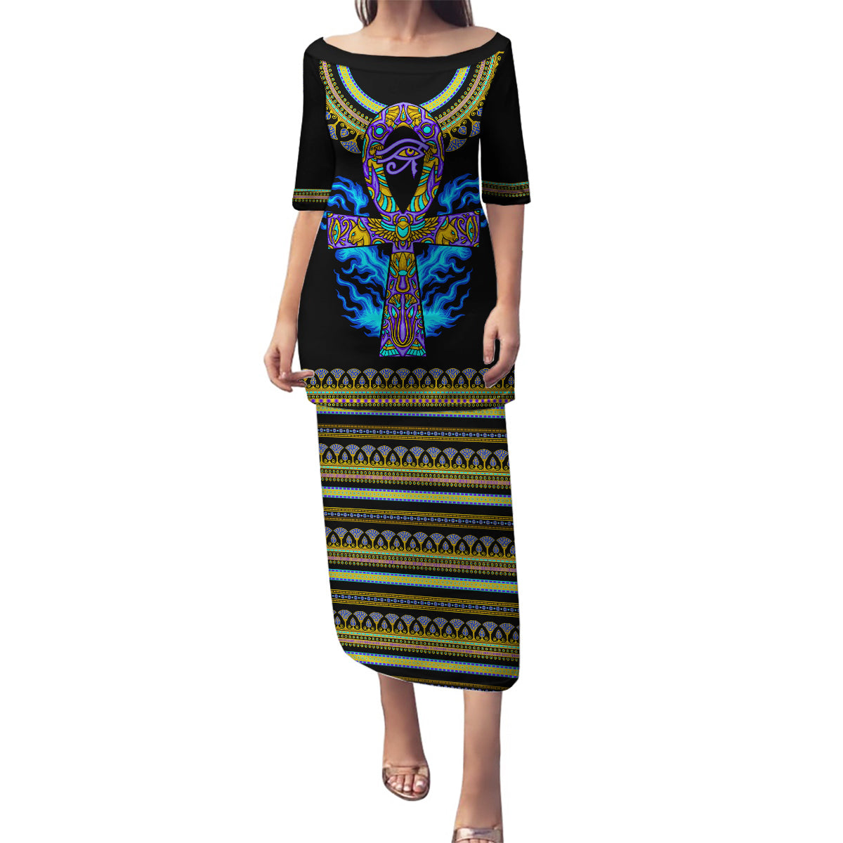 Egyptian Ankh Golden Blue Fire Family Matching Puletasi Dress and Hawaiian Shirt - Wonder Print Shop