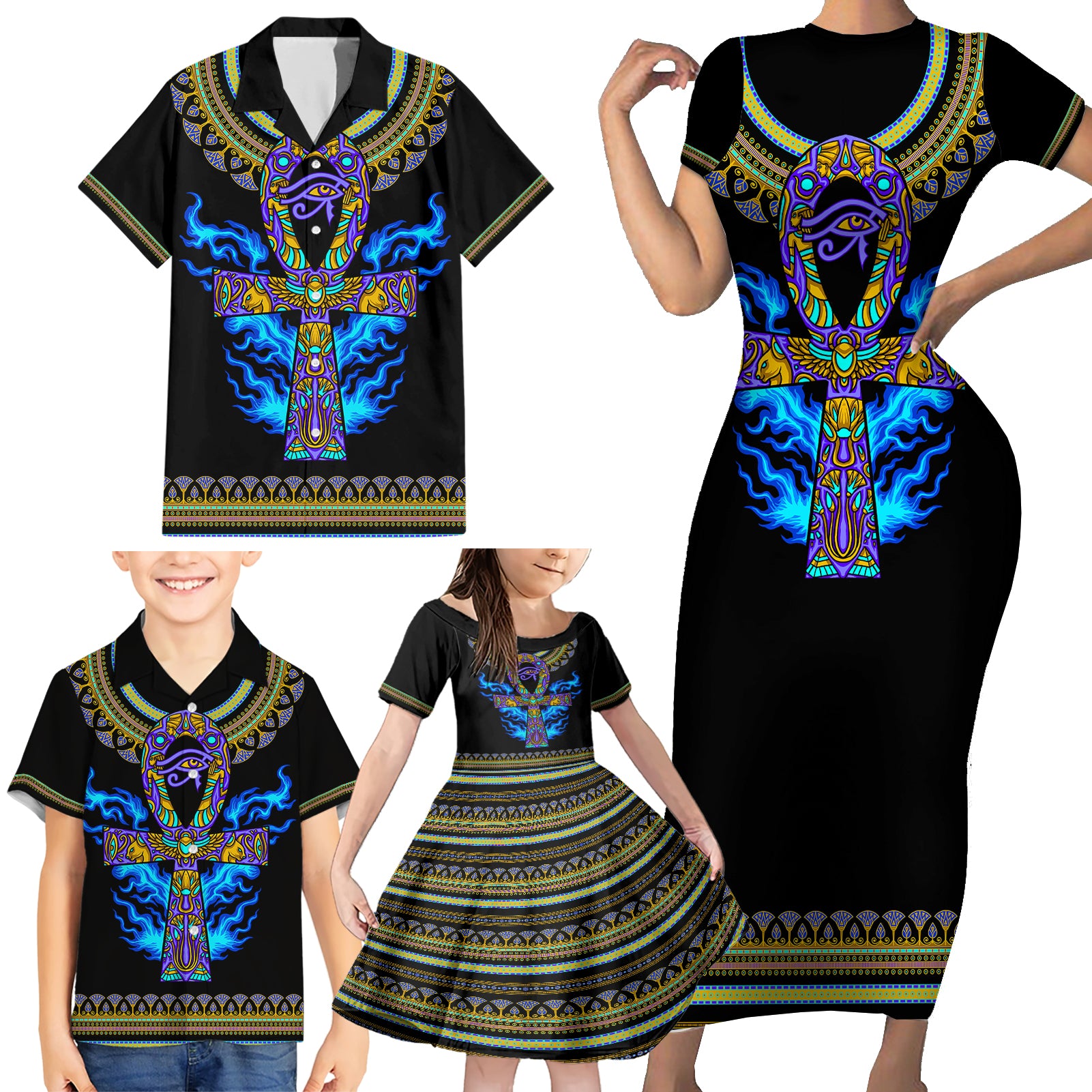 egyptian-ankh-golden-blue-fire-family-matching-short-sleeve-bodycon-dress-and-hawaiian-shirt