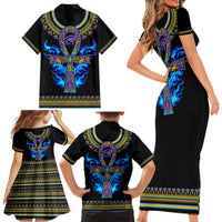 Egyptian Ankh Golden Blue Fire Family Matching Short Sleeve Bodycon Dress and Hawaiian Shirt - Wonder Print Shop