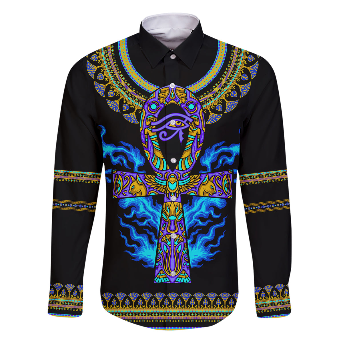 Egyptian Ankh Golden Blue Fire Family Matching Short Sleeve Bodycon Dress and Hawaiian Shirt - Wonder Print Shop