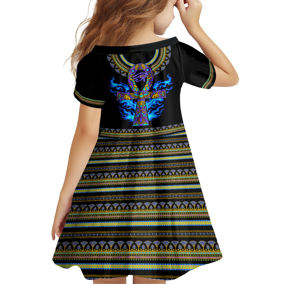 Egyptian Ankh Golden Blue Fire Family Matching Summer Maxi Dress and Hawaiian Shirt - Wonder Print Shop
