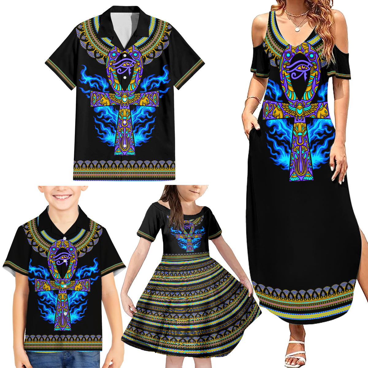 egyptian-ankh-golden-blue-fire-family-matching-summer-maxi-dress-and-hawaiian-shirt