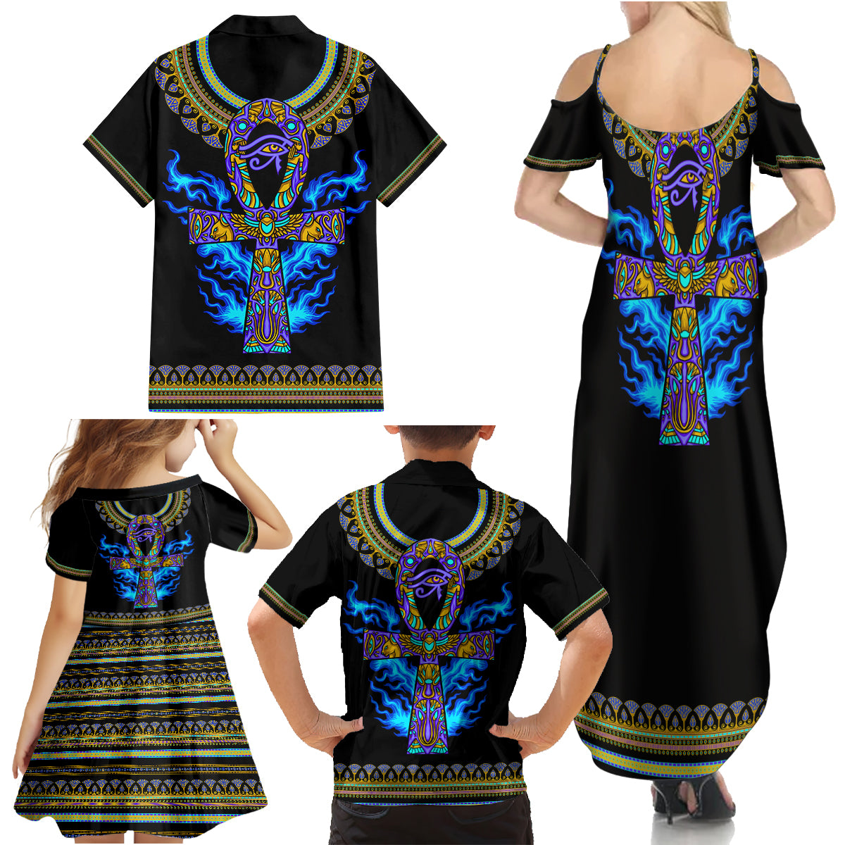 Egyptian Ankh Golden Blue Fire Family Matching Summer Maxi Dress and Hawaiian Shirt - Wonder Print Shop