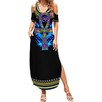 Egyptian Ankh Golden Blue Fire Family Matching Summer Maxi Dress and Hawaiian Shirt - Wonder Print Shop