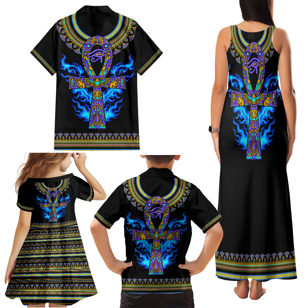 Egyptian Ankh Golden Blue Fire Family Matching Tank Maxi Dress and Hawaiian Shirt - Wonder Print Shop