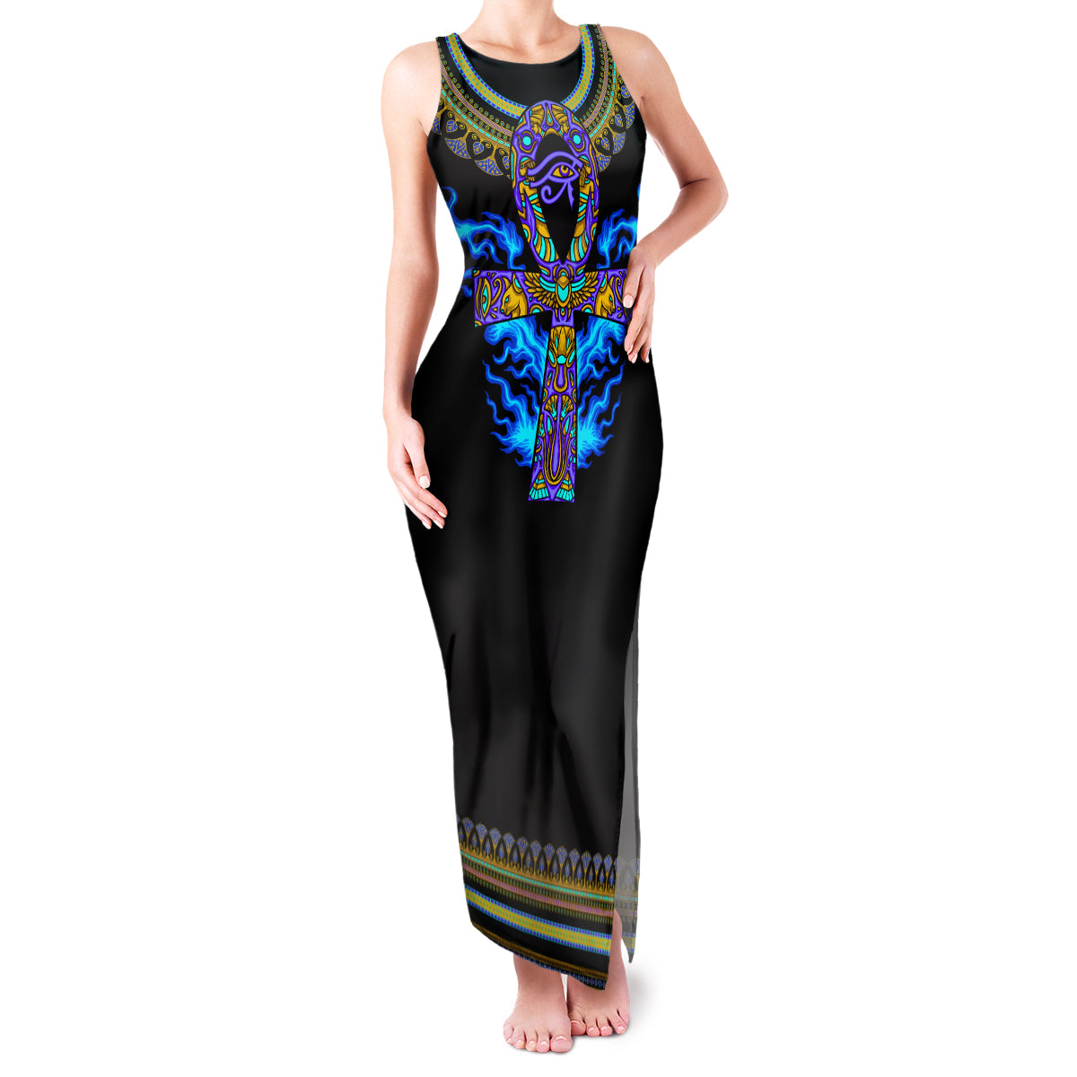 Egyptian Ankh Golden Blue Fire Family Matching Tank Maxi Dress and Hawaiian Shirt - Wonder Print Shop