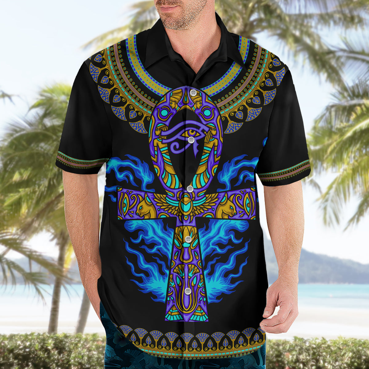 Egyptian Ankh Golden Blue Fire Hawaiian Shirt - Wonder Print Shop