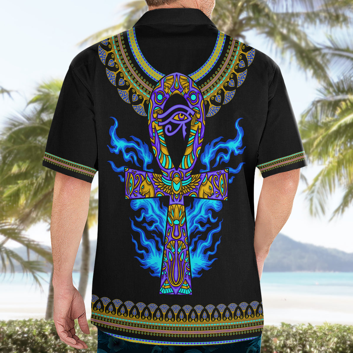 Egyptian Ankh Golden Blue Fire Hawaiian Shirt - Wonder Print Shop