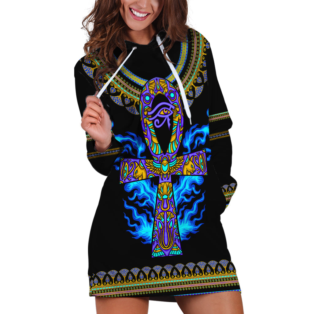 egyptian-ankh-golden-blue-fire-hoodie-dress