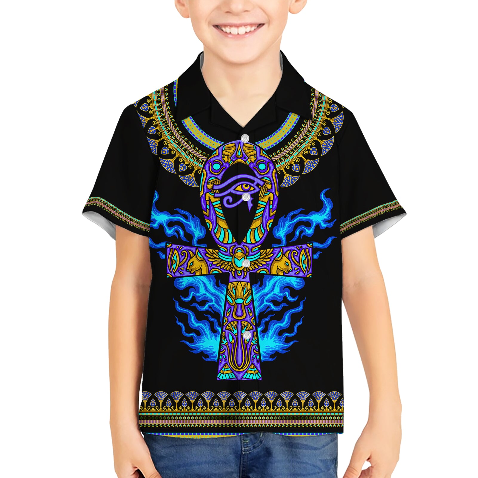 egyptian-ankh-golden-blue-fire-kid-hawaiian-shirt