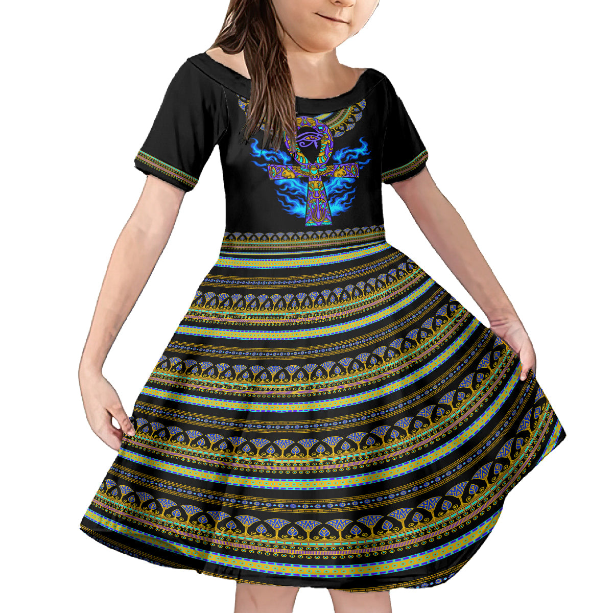 Egyptian Ankh Golden Blue Fire Kid Short Sleeve Dress - Wonder Print Shop