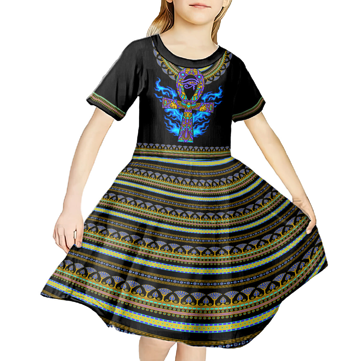 Egyptian Ankh Golden Blue Fire Kid Short Sleeve Dress - Wonder Print Shop