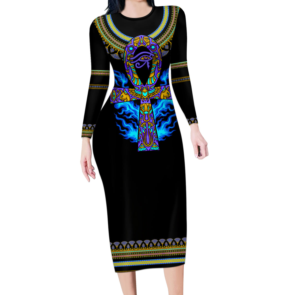 Egyptian Ankh Golden Blue Fire Long Sleeve Bodycon Dress - Wonder Print Shop