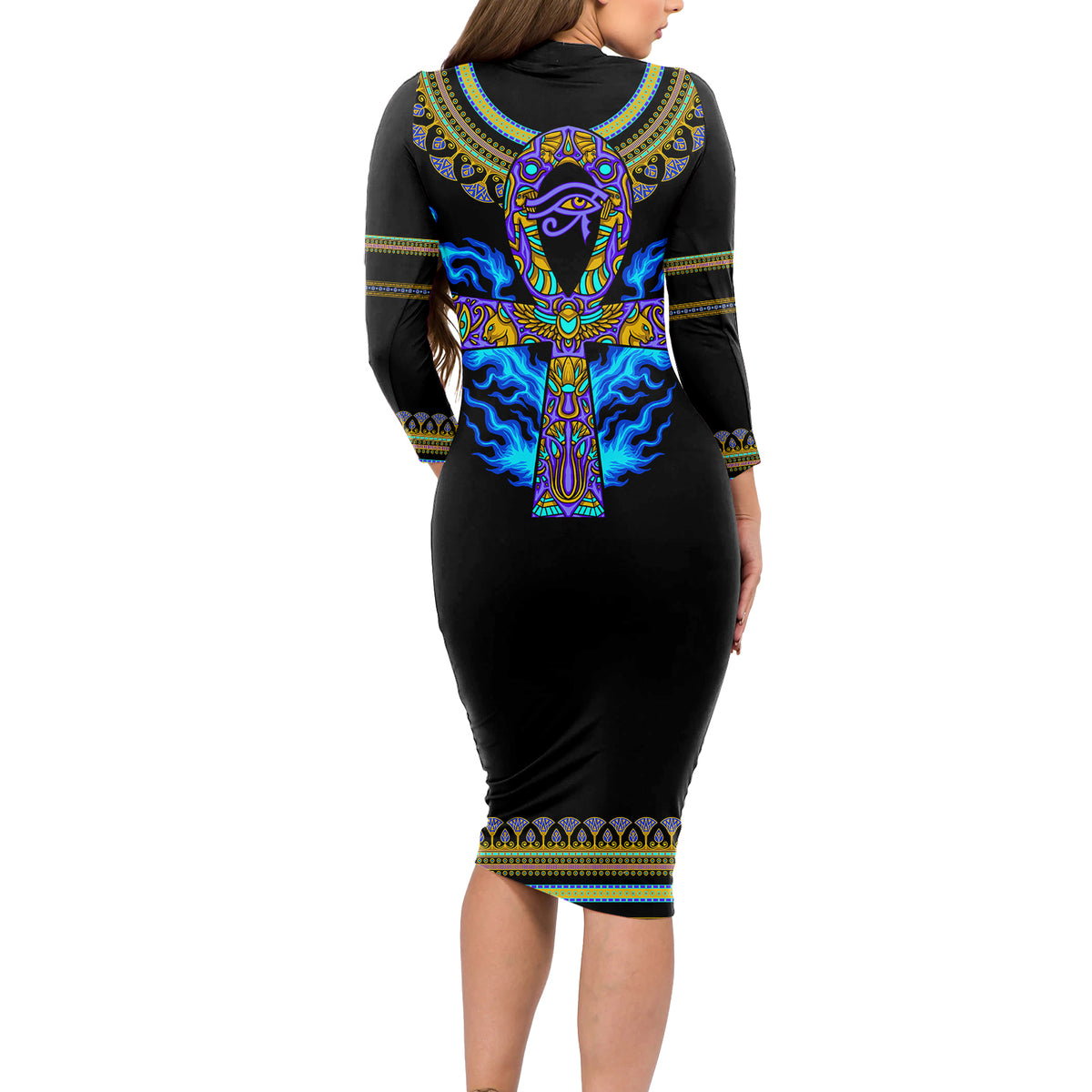 Egyptian Ankh Golden Blue Fire Long Sleeve Bodycon Dress - Wonder Print Shop