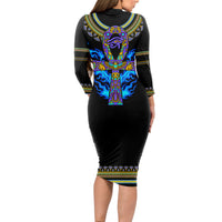 Egyptian Ankh Golden Blue Fire Long Sleeve Bodycon Dress - Wonder Print Shop