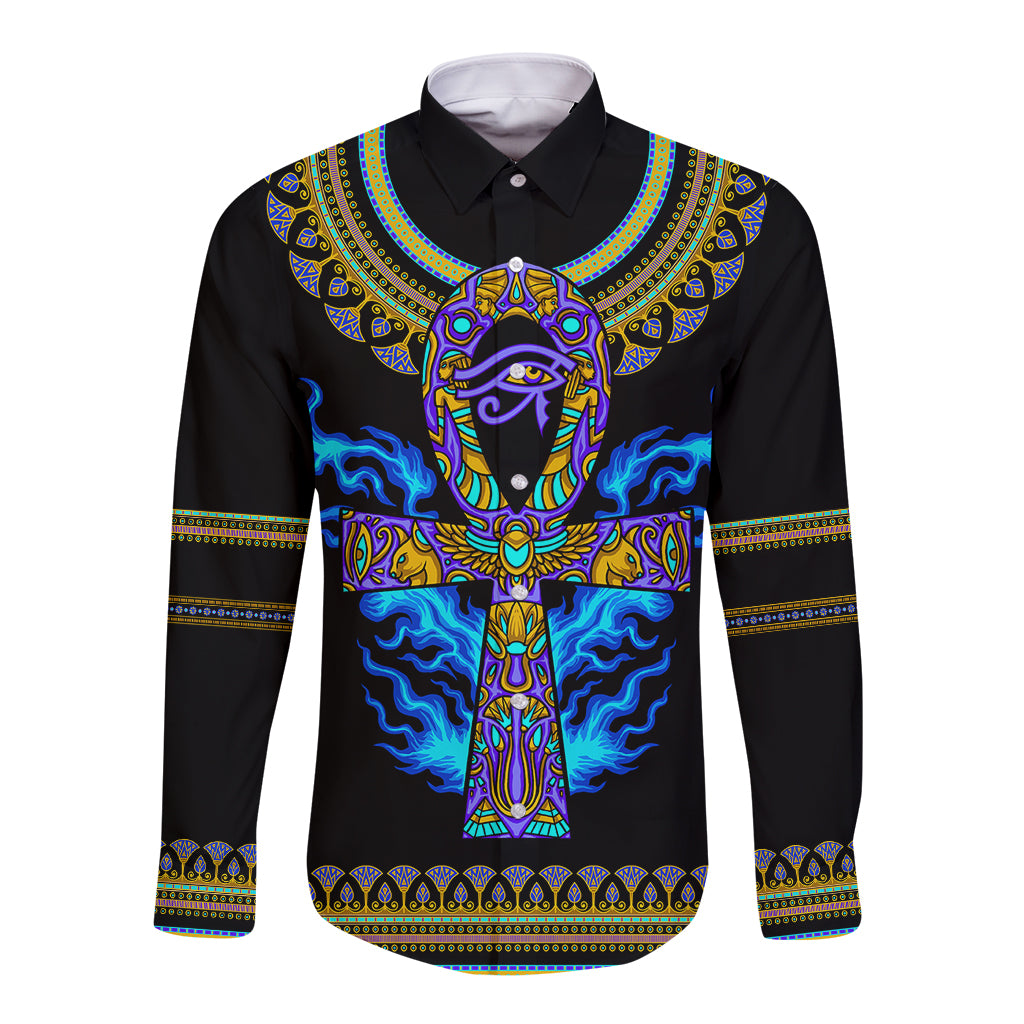 Egyptian Ankh Golden Blue Fire Long Sleeve Button Shirt - Wonder Print Shop