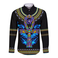 Egyptian Ankh Golden Blue Fire Long Sleeve Button Shirt - Wonder Print Shop